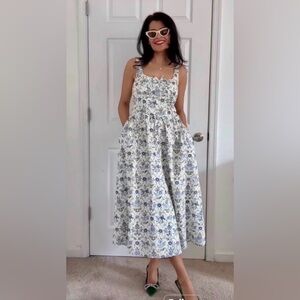 Jessica Simpson 100% Cotton Blue and Cream Floral Midi Dress | White Size Large